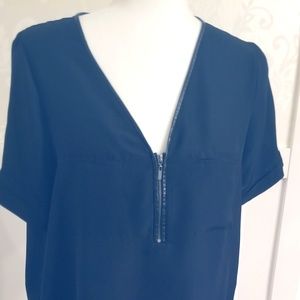 NYDJ Leather Trim Black Blouse with Zipper Detail